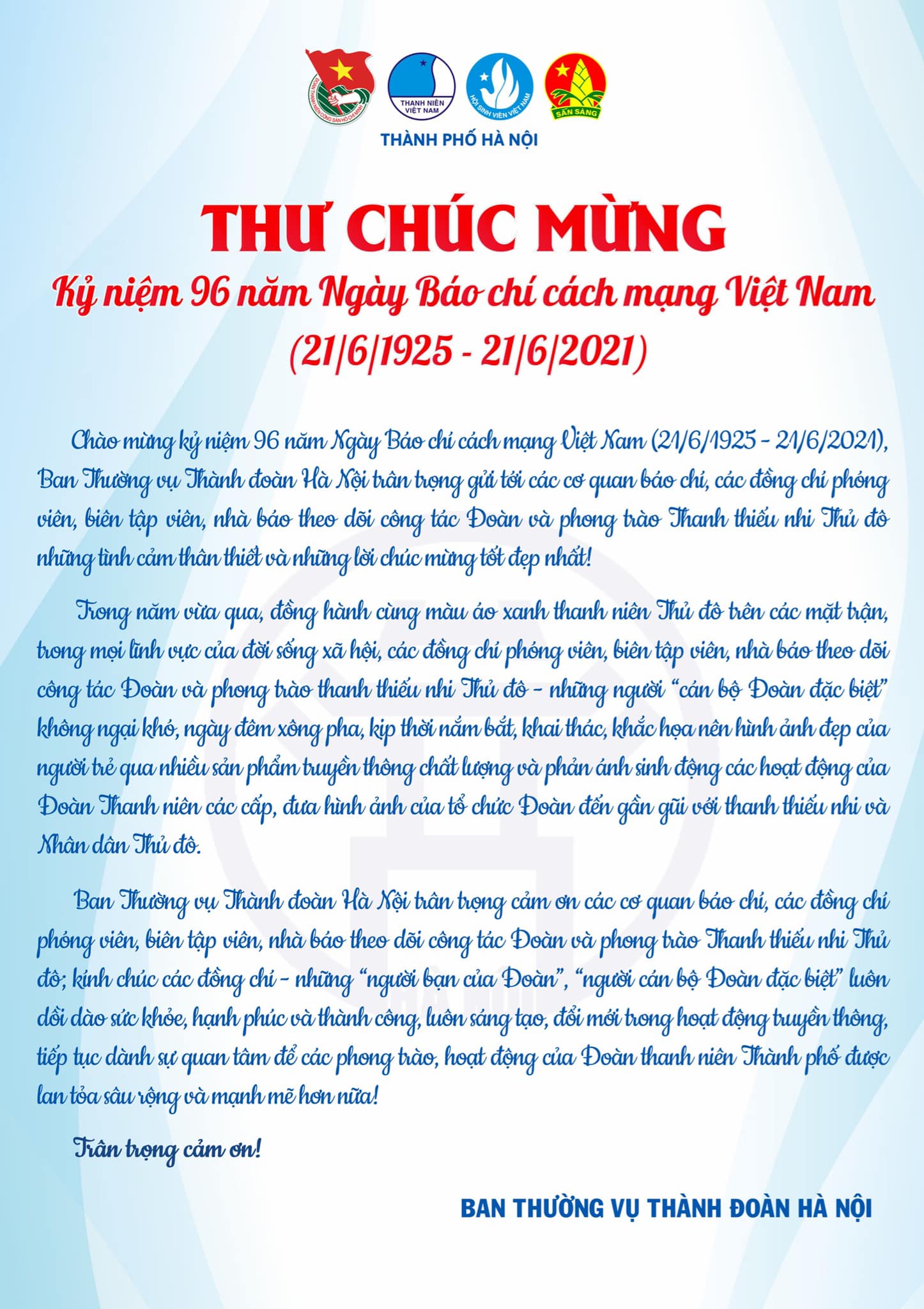 Thành đoàn Hà Nội chúc mừng ngành Báo chí